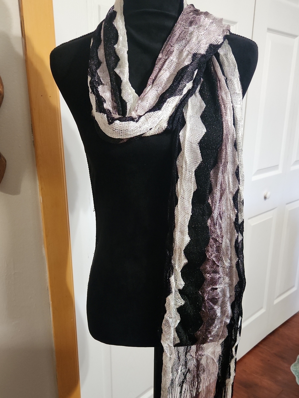 Striped Black, Silver and Gray Wavy Scarf - Women's Wrap